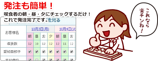 発注も簡単！喫食者の朝・昼・夕にチェックするだけ！これで発注完了です。これなら楽チンね！